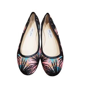 Jimmy Choo Palm Tree Print Embroidered Leather Ballet Flats Multicolor Size 8.5